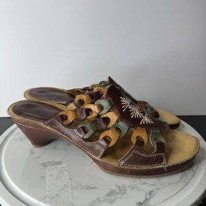 Pikolinos Brown Leather Embroidered Slip-On Slide Sandals Cut-Outs Size 37 GUC
